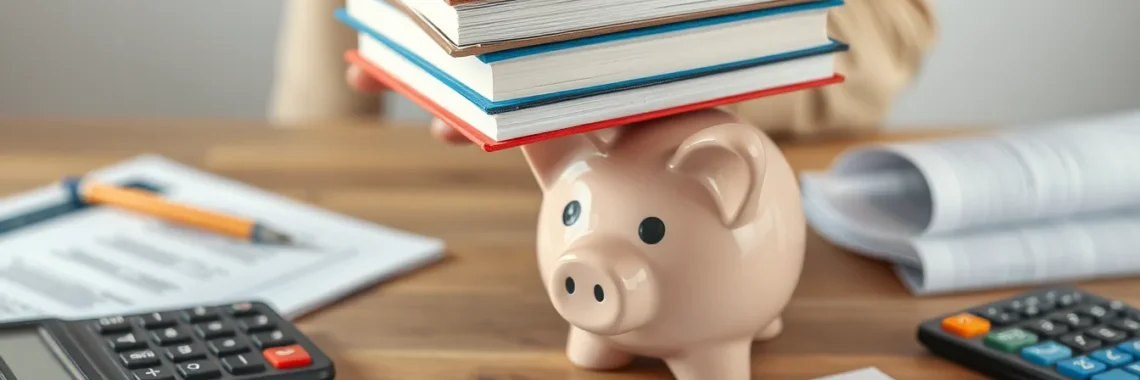 Hand placing textbooks on a piggy bank with a calculator and financial plan on a table.