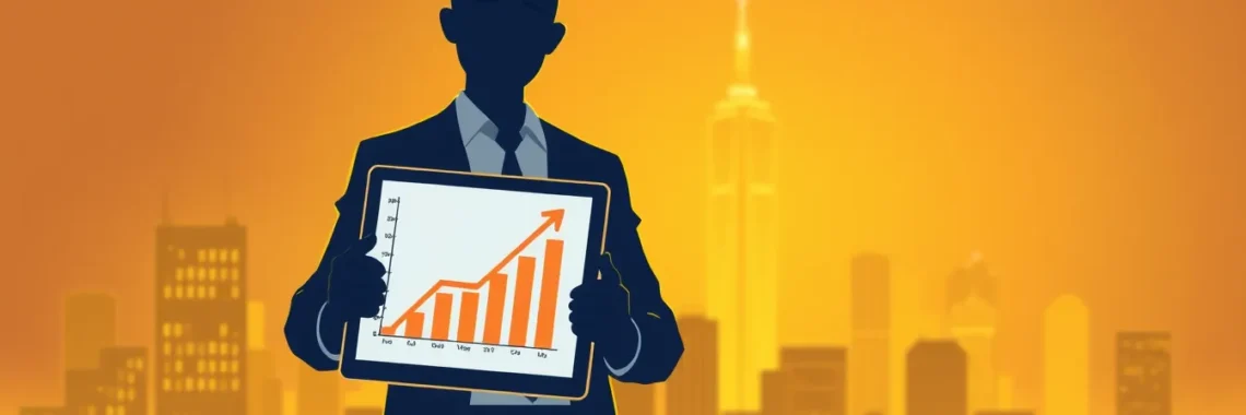 Silhouette of a person standing before a glowing city skyline, holding a tablet with a rising graph.