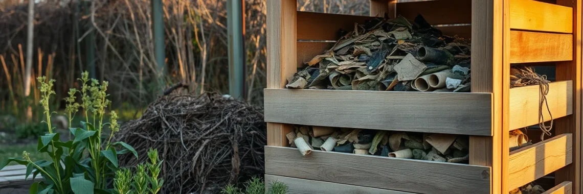 Wooden pallet compost bin with layered kitchen scraps and dried leaves, surrounded by herbs.