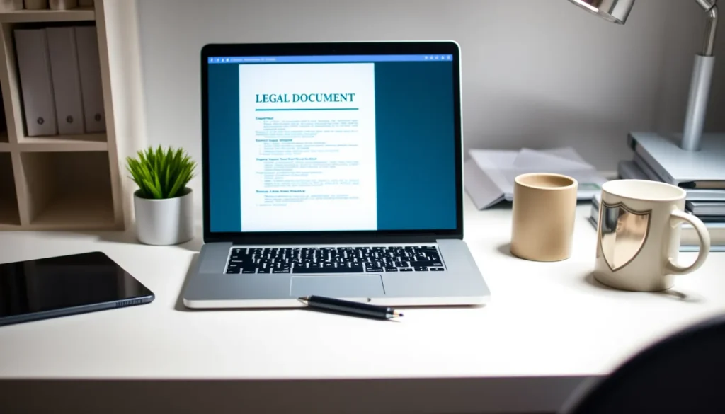 Desk with laptop, legal document, pen, coffee mug, shield icon.